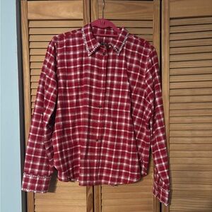 J. Crew Red and White flannel plaid with rhinestone detail